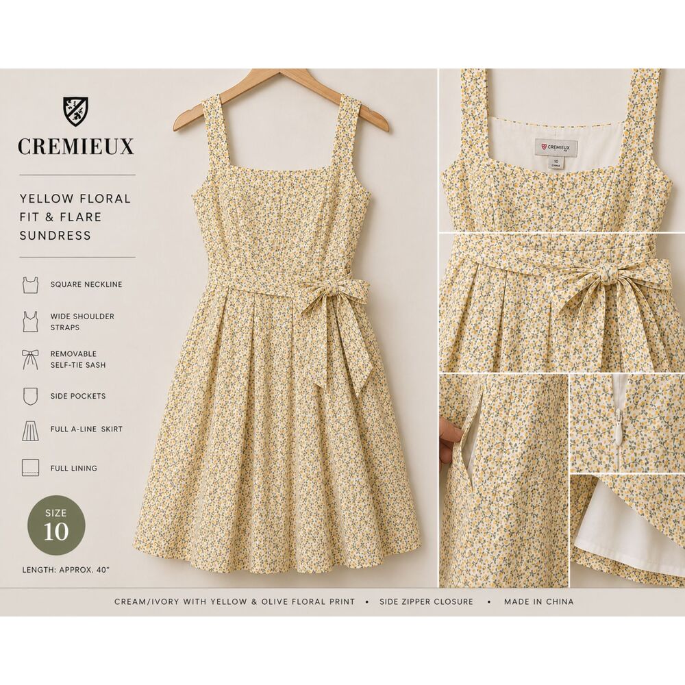 Cremieux Yellow Floral Square Neck Fit & Flare Dress Size 10